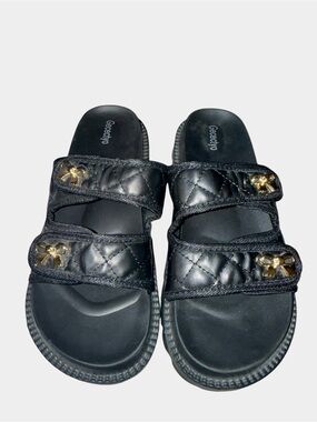 Women’s Black Quilted Slide Sandals with Gold Accent Size 8.5